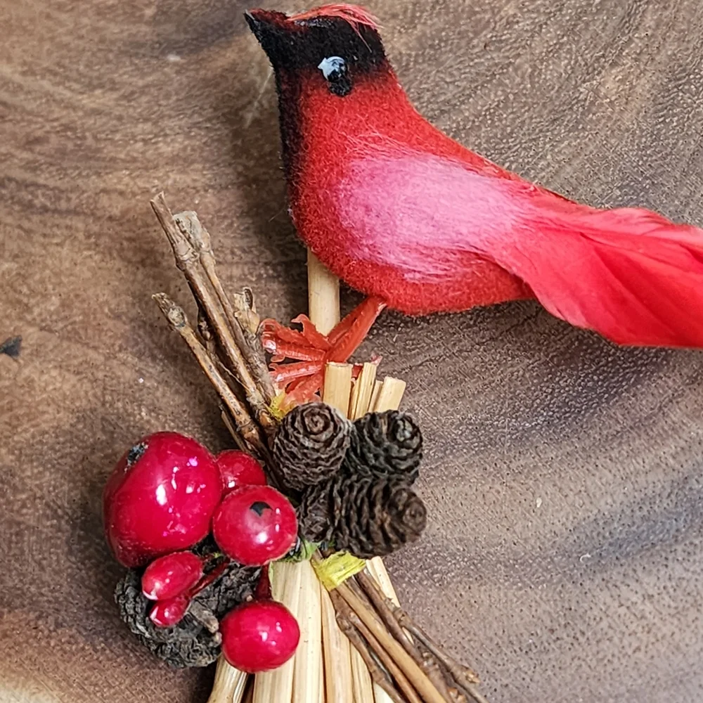 Set of 2 Vintage Feathered Bird Ornaments Holiday Wreath Decor